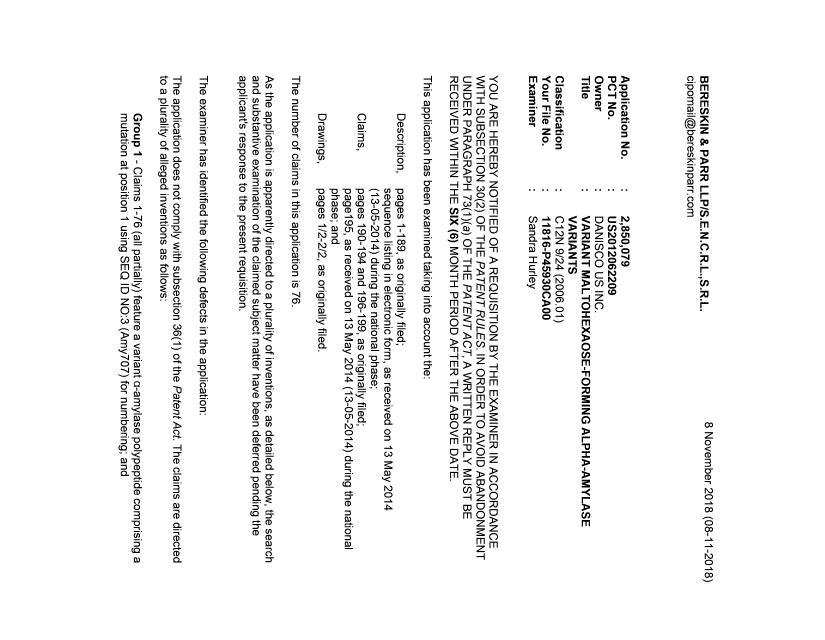 Document de brevet canadien 2850079. Demande d'examen 20181108. Image 1 de 3