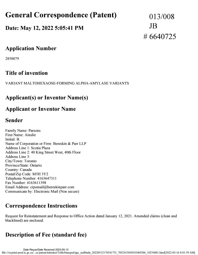 Canadian Patent Document 2850079. Reinstatement 20220512. Image 1 of 26