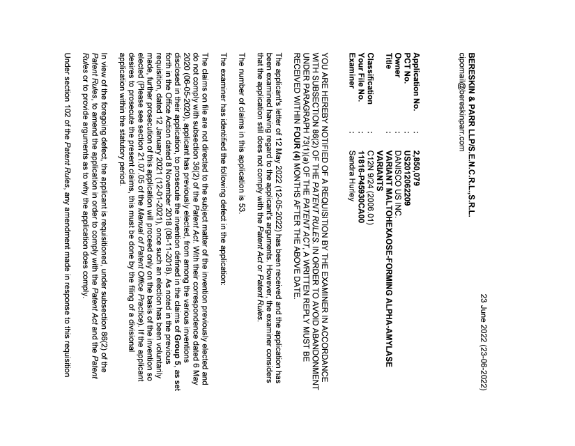 Document de brevet canadien 2850079. Demande d'examen 20220623. Image 1 de 3