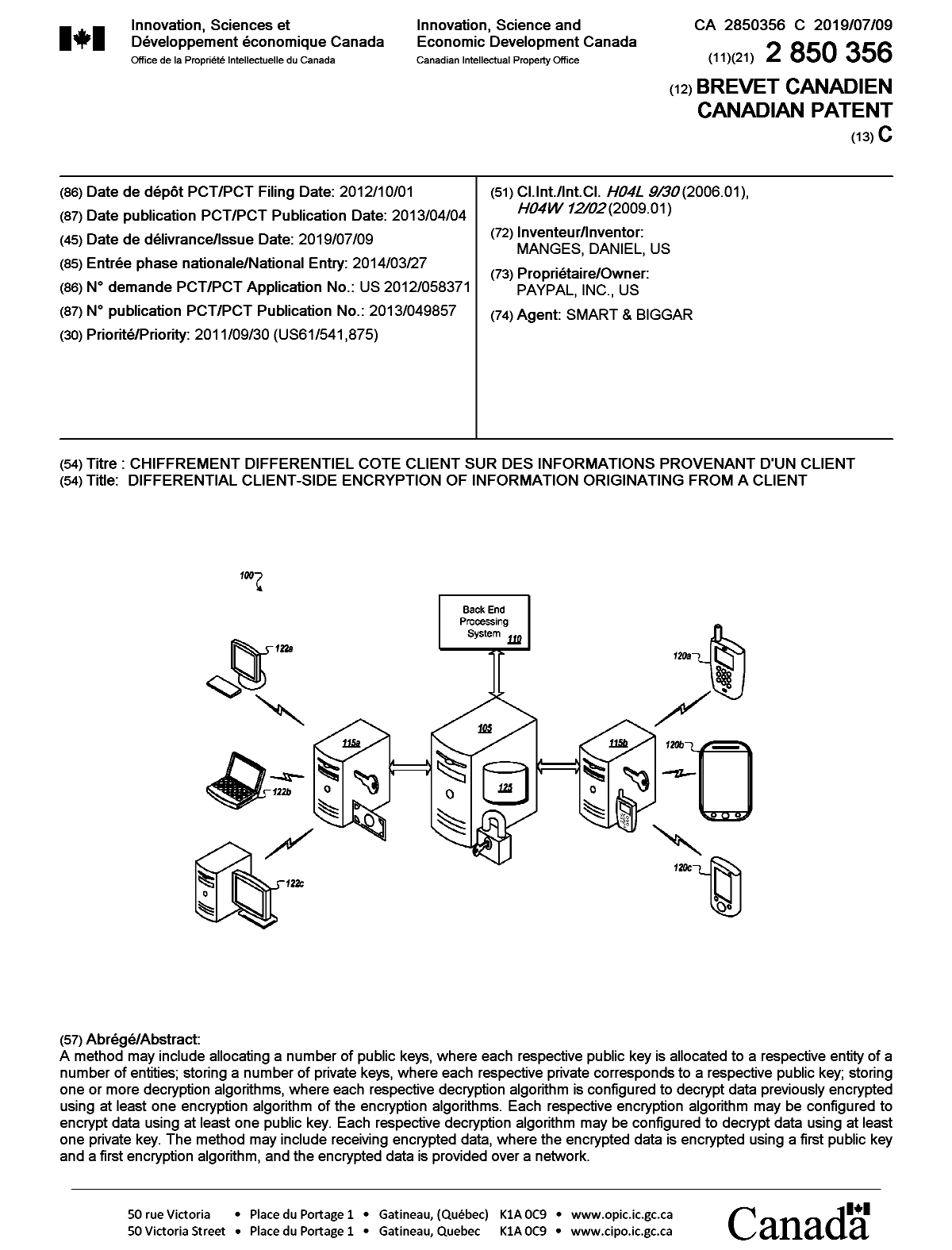 Document de brevet canadien 2850356. Page couverture 20190610. Image 1 de 1
