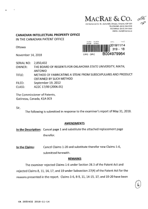 Document de brevet canadien 2850432. Modification 20181114. Image 1 de 6