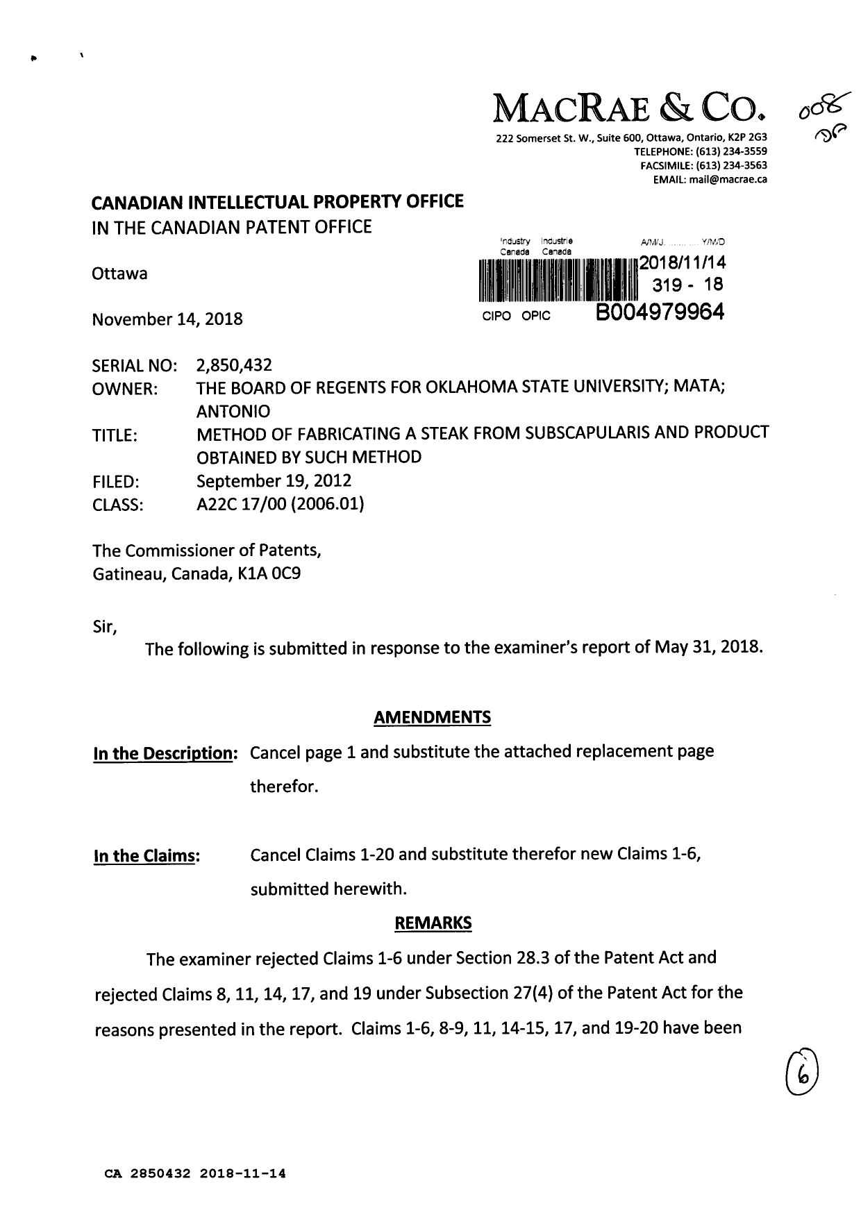 Canadian Patent Document 2850432. Amendment 20181114. Image 1 of 6