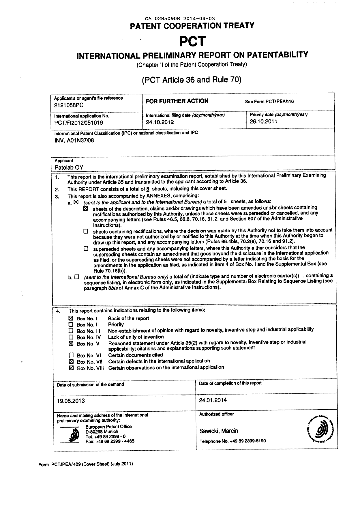 Canadian Patent Document 2850908. PCT 20140403. Image 1 of 14