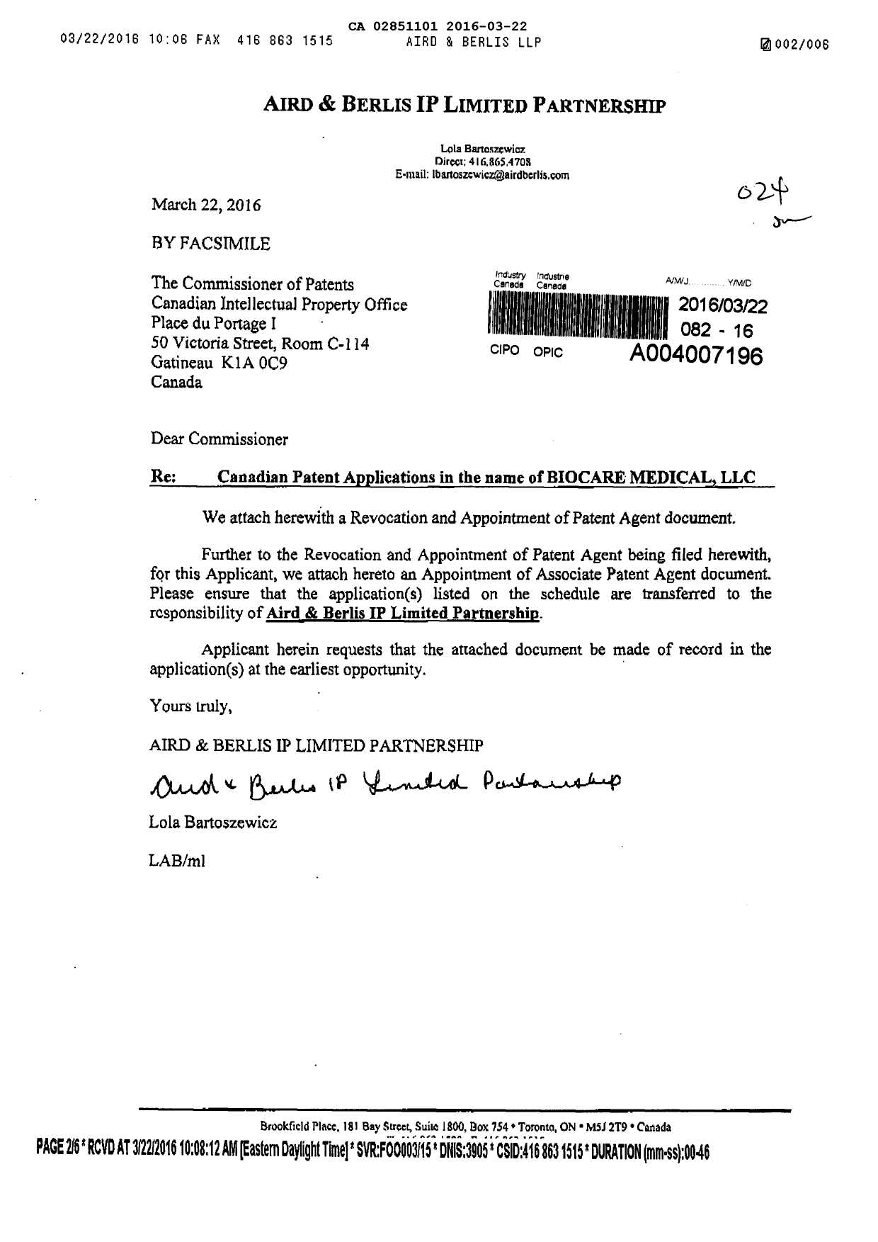 Document de brevet canadien 2851101. Correspondance 20151222. Image 1 de 4