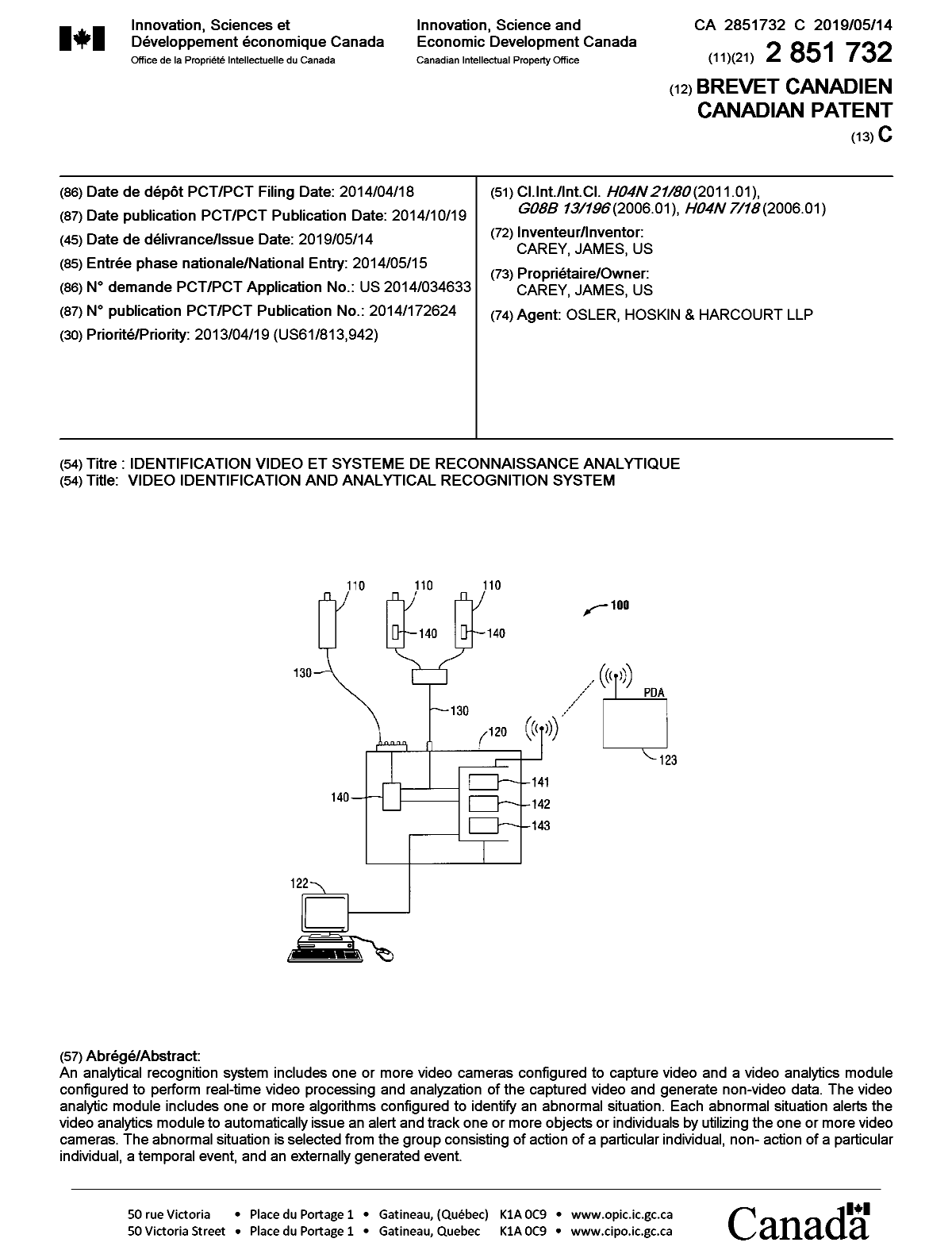 Canadian Patent Document 2851732. Cover Page 20190417. Image 1 of 1