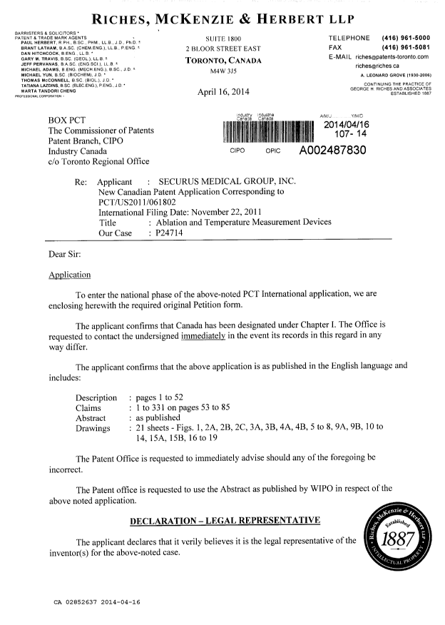 Document de brevet canadien 2852637. Cession 20140416. Image 1 de 13