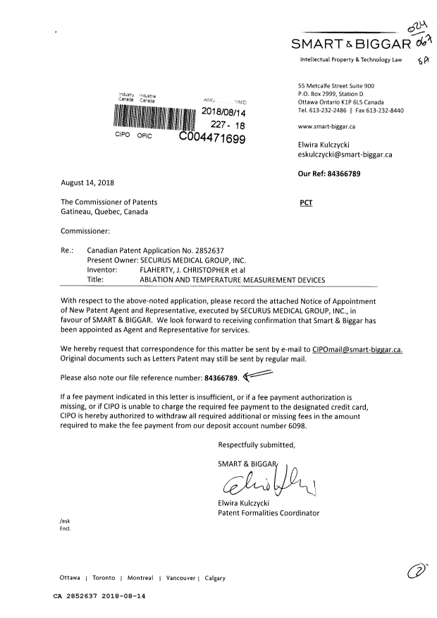 Document de brevet canadien 2852637. Changement à la méthode de correspondance 20180814. Image 1 de 2