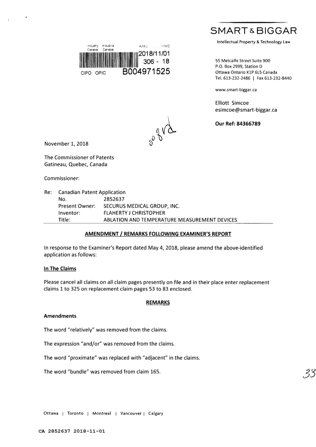 Document de brevet canadien 2852637. Modification 20181101. Image 1 de 33