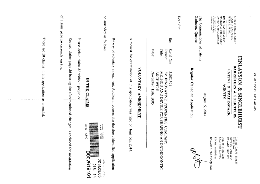 Document de brevet canadien 2853591. Poursuite-Amendment 20140805. Image 1 de 3