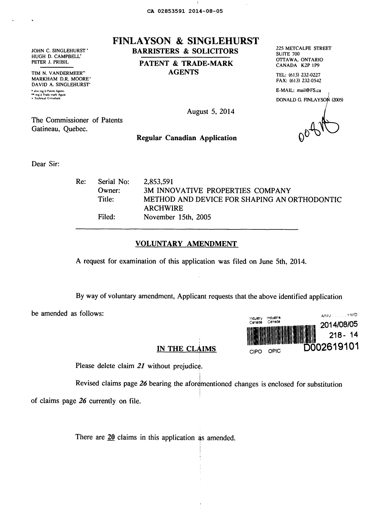 Document de brevet canadien 2853591. Poursuite-Amendment 20140805. Image 1 de 3