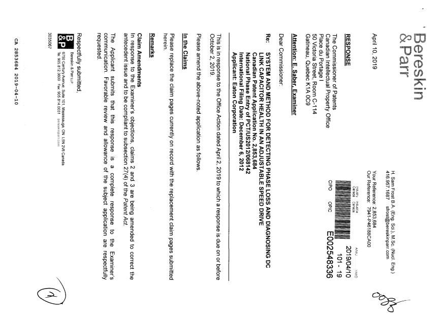 Document de brevet canadien 2853684. Modification 20190410. Image 1 de 7