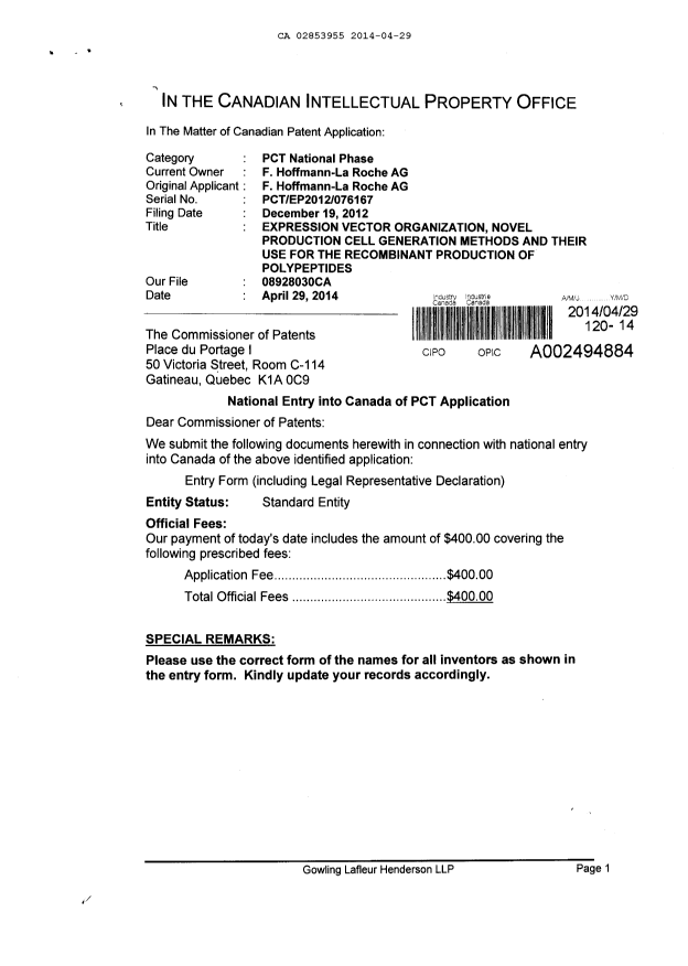 Document de brevet canadien 2853955. Cession 20140429. Image 1 de 3