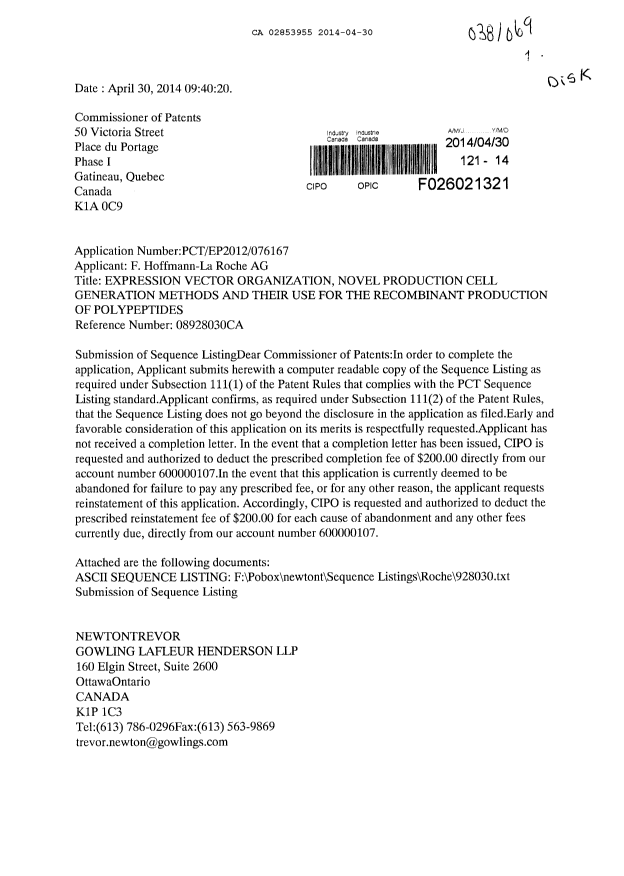 Canadian Patent Document 2853955. Prosecution-Amendment 20140430. Image 1 of 2