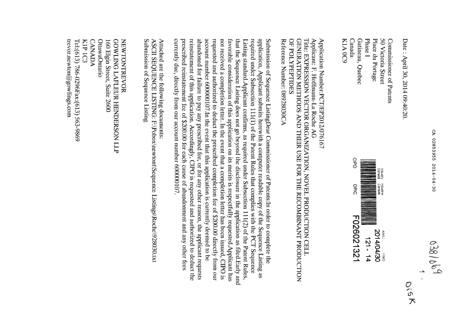 Document de brevet canadien 2853955. Poursuite-Amendment 20140430. Image 1 de 2