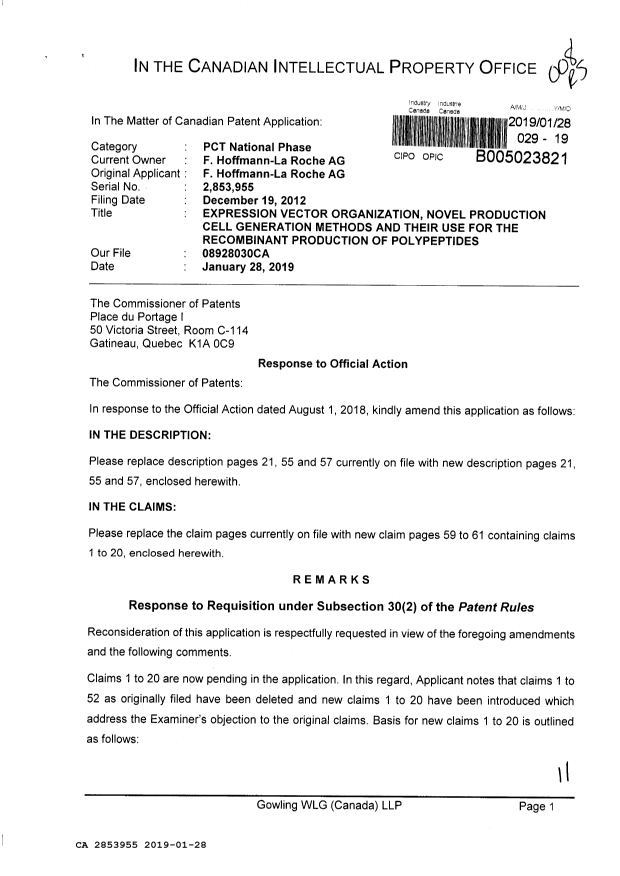 Canadian Patent Document 2853955. Amendment 20190128. Image 1 of 11