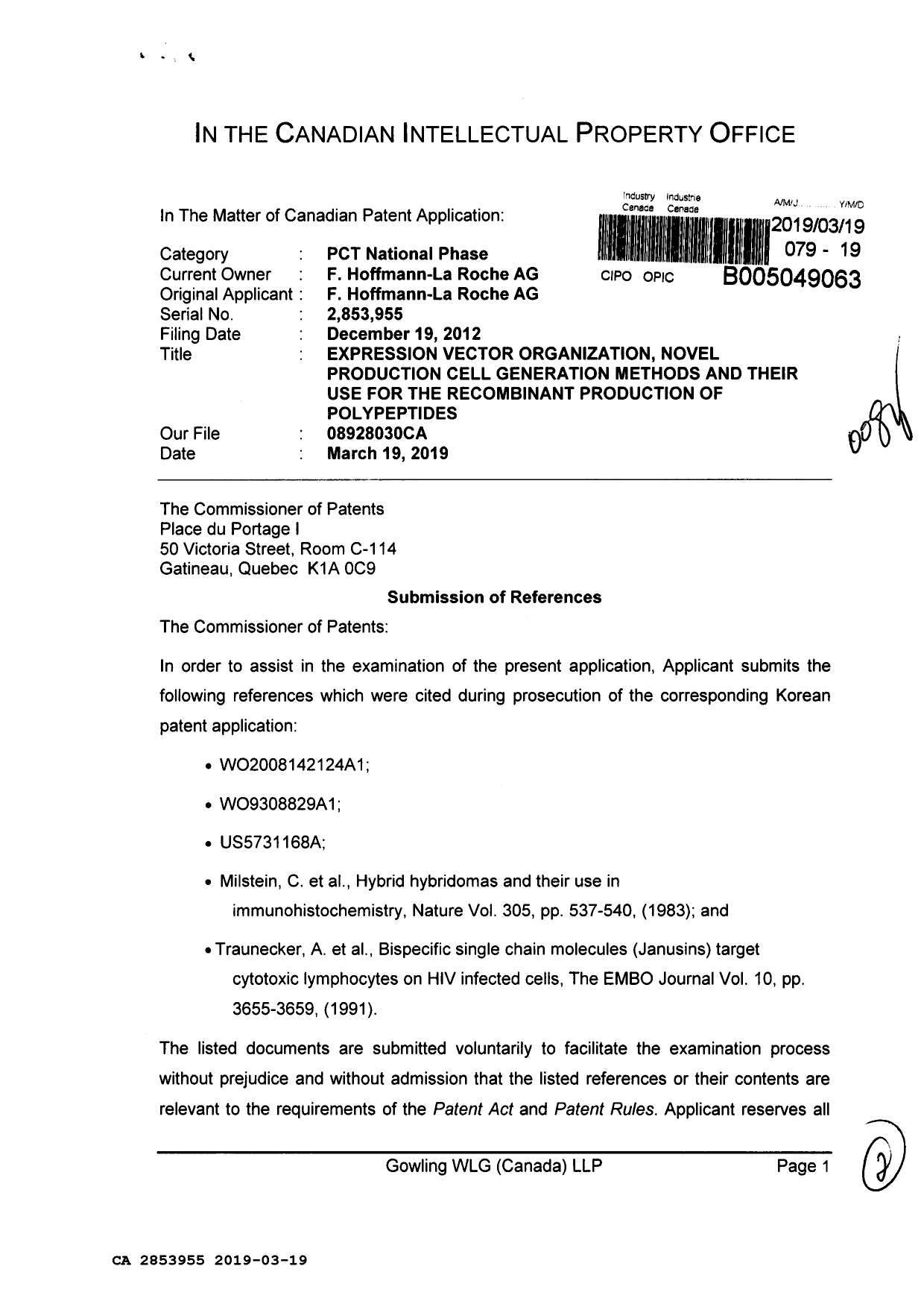 Document de brevet canadien 2853955. Modification 20190319. Image 1 de 2