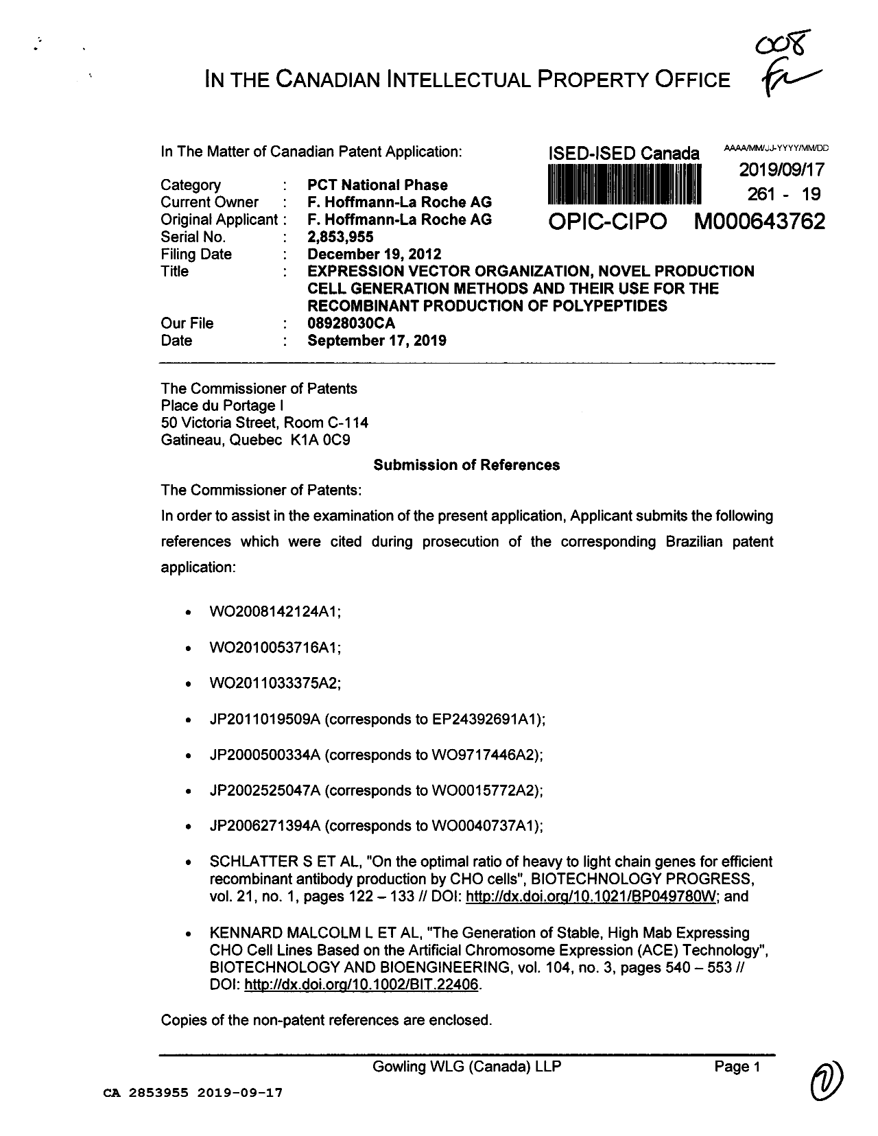 Document de brevet canadien 2853955. Modification 20190917. Image 1 de 2