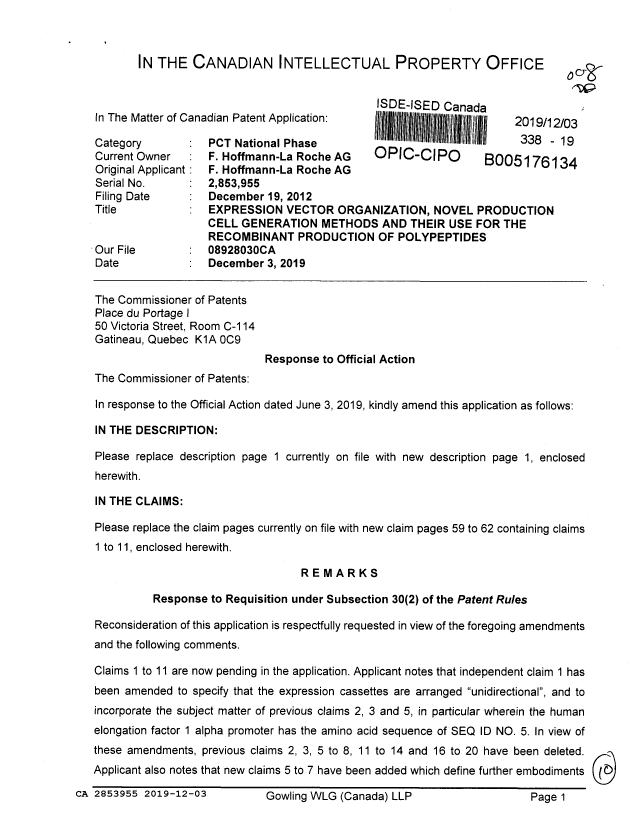 Canadian Patent Document 2853955. Amendment 20191203. Image 1 of 10