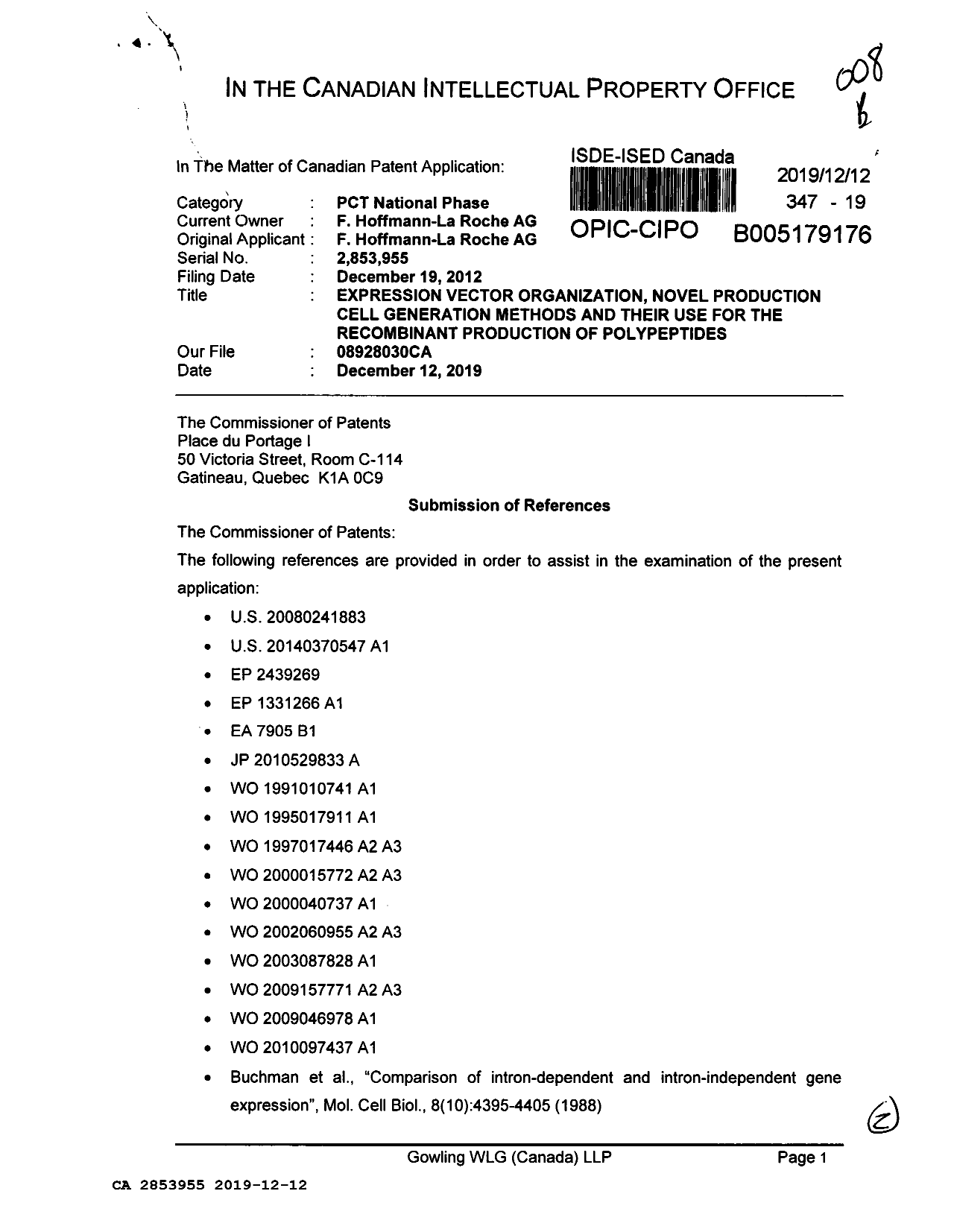 Document de brevet canadien 2853955. Modification 20191212. Image 1 de 2