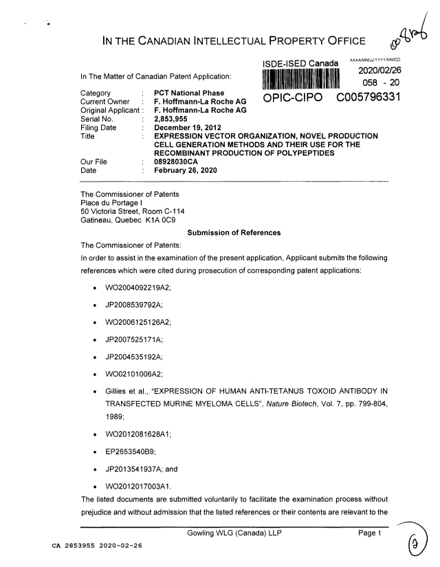 Document de brevet canadien 2853955. Modification 20200226. Image 1 de 2
