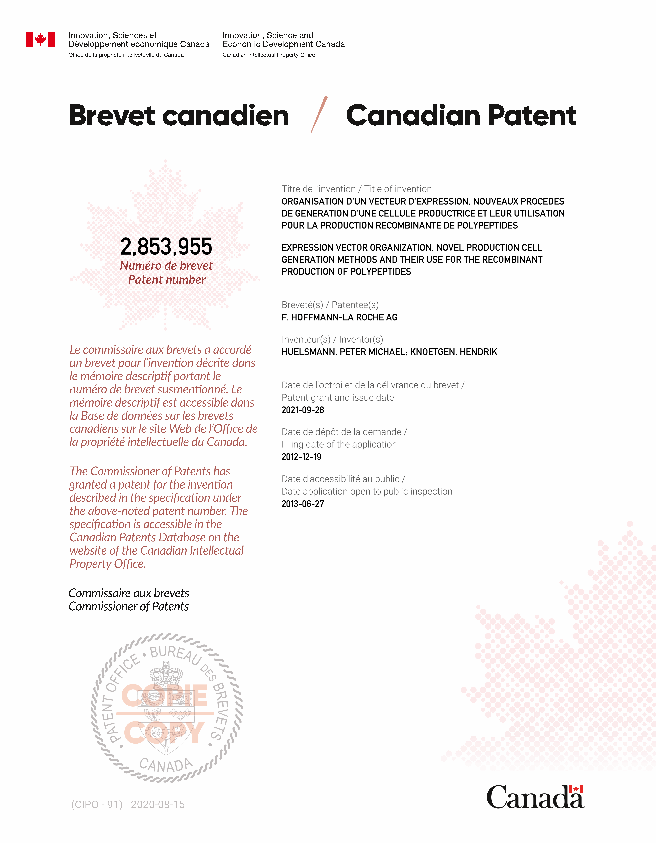Canadian Patent Document 2853955. Electronic Grant Certificate 20210928. Image 1 of 1