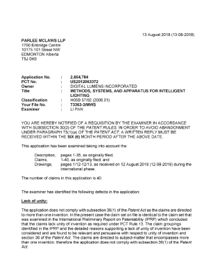 Document de brevet canadien 2854784. Demande d'examen 20180813. Image 1 de 3