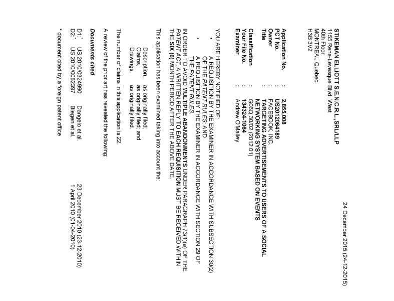 Document de brevet canadien 2855008. Demande d'examen 20151224. Image 1 de 4