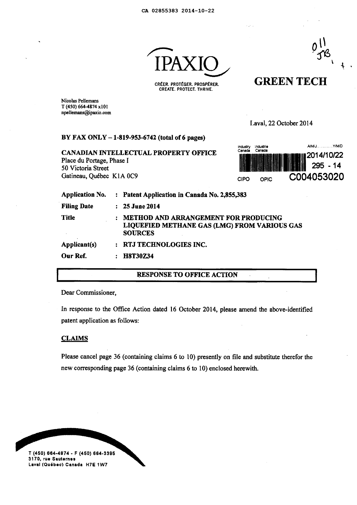 Canadian Patent Document 2855383. Prosecution-Amendment 20131222. Image 1 of 6