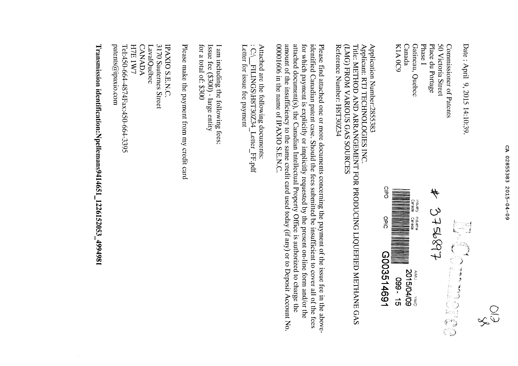 Document de brevet canadien 2855383. Correspondance 20141209. Image 1 de 3