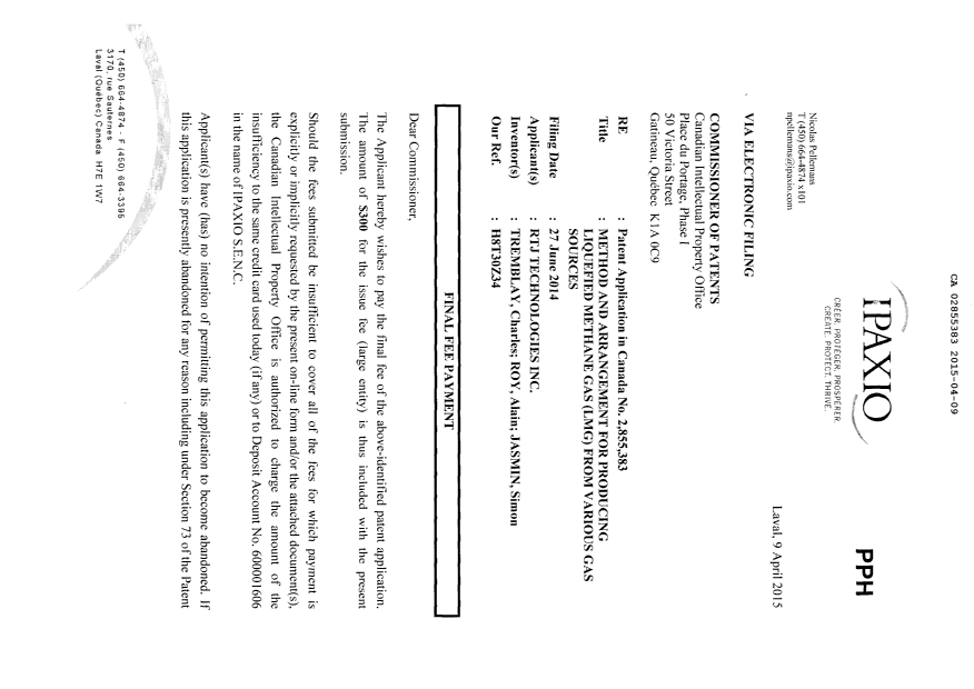 Document de brevet canadien 2855383. Correspondance 20141209. Image 2 de 3
