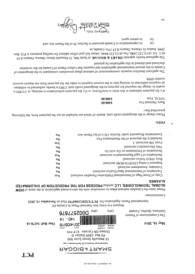 Canadian Patent Document 2856271. Assignment 20140516. Image 1 of 2