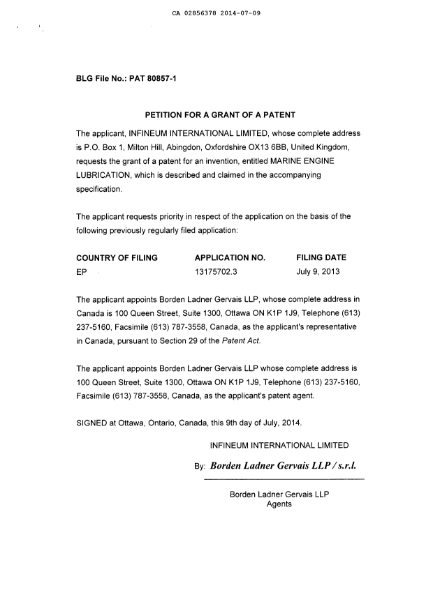 Document de brevet canadien 2856378. Cession 20140709. Image 2 de 7