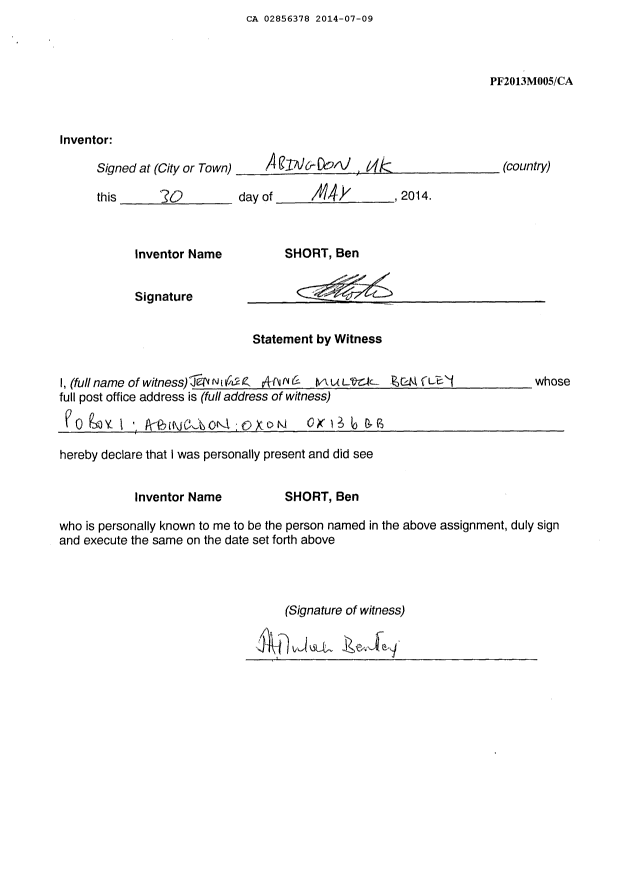 Document de brevet canadien 2856378. Cession 20140709. Image 7 de 7