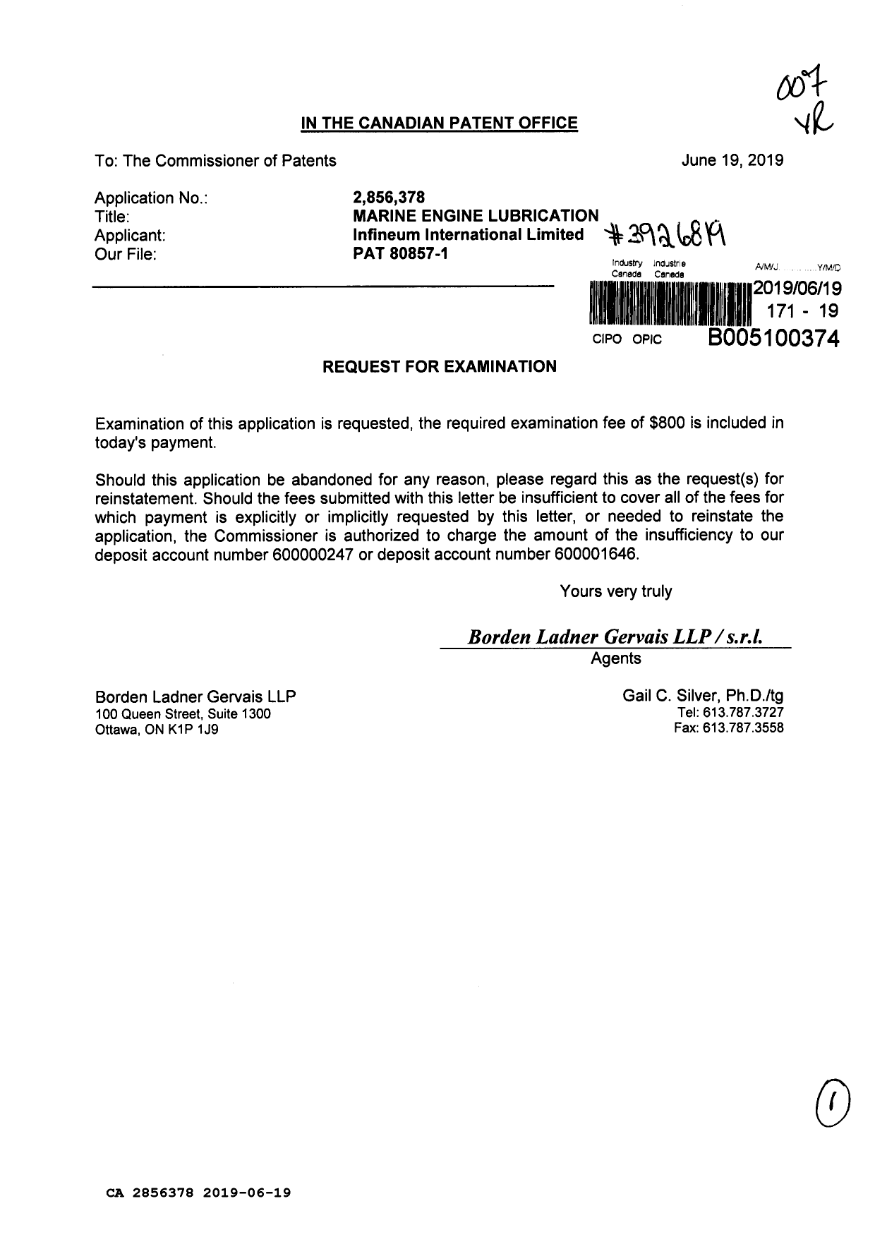 Document de brevet canadien 2856378. Requête d'examen 20190619. Image 1 de 1