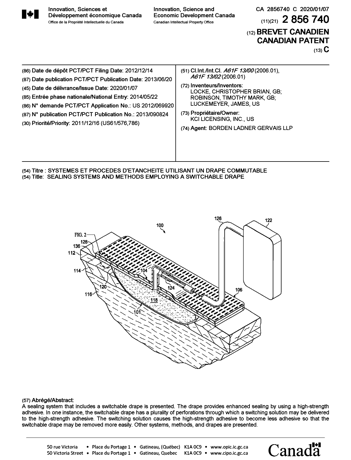 Document de brevet canadien 2856740. Page couverture 20191230. Image 1 de 1