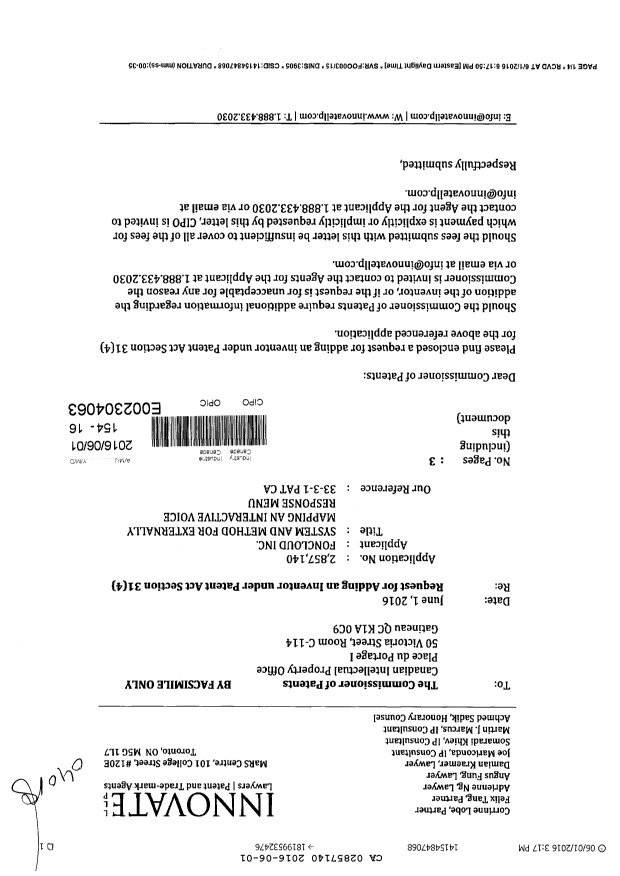 Canadian Patent Document 2857140. Modification to the Applicant/Inventor 20160601. Image 1 of 4