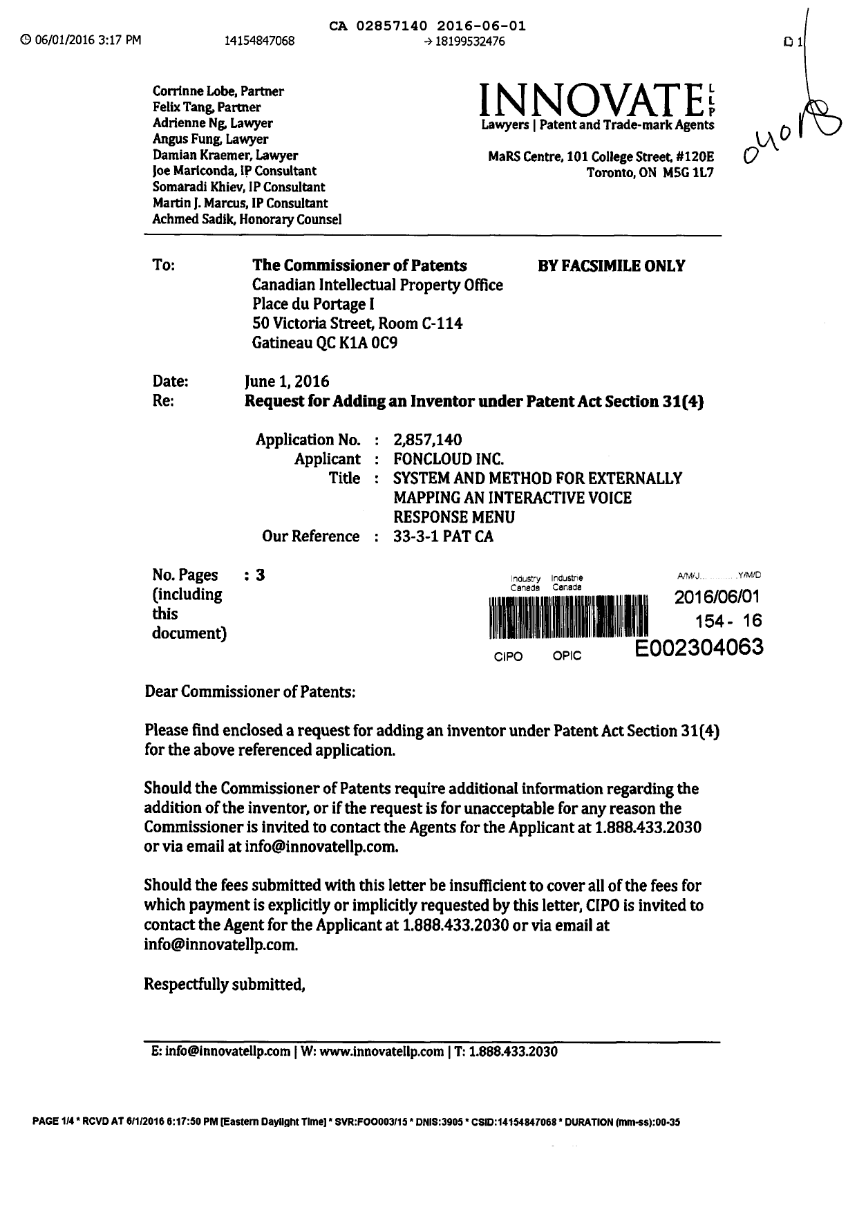 Document de brevet canadien 2857140. Modification au demandeur/inventeur 20160601. Image 1 de 4