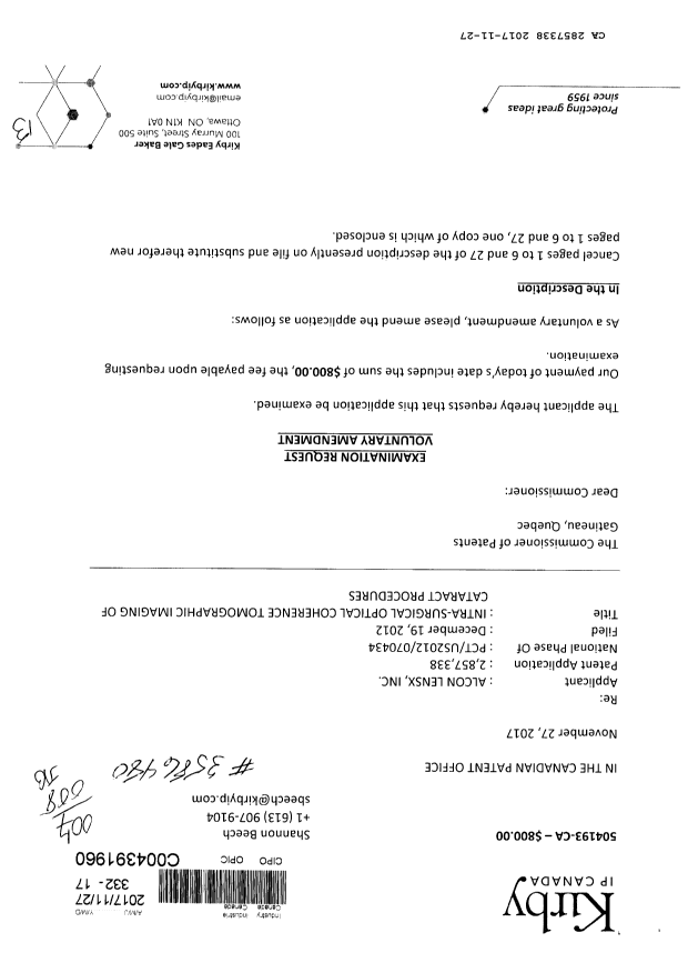 Document de brevet canadien 2857338. Modification 20171127. Image 1 de 13