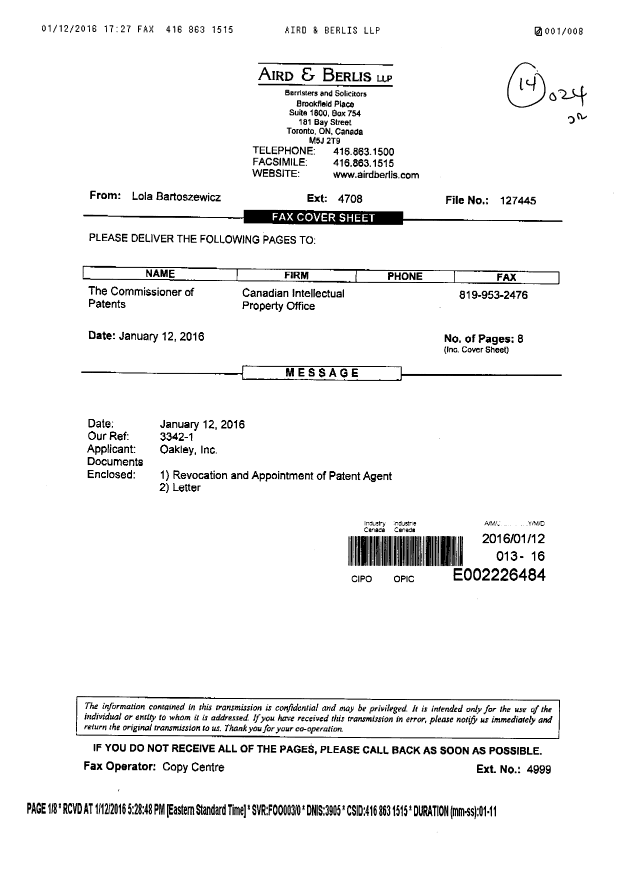 Document de brevet canadien 2857541. Correspondance 20160112. Image 1 de 8