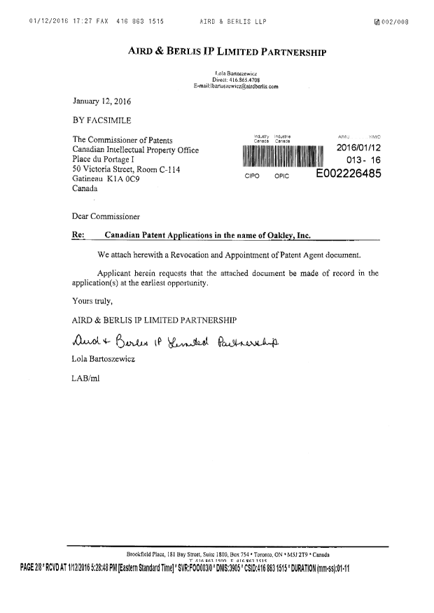 Document de brevet canadien 2857541. Correspondance 20160112. Image 2 de 8