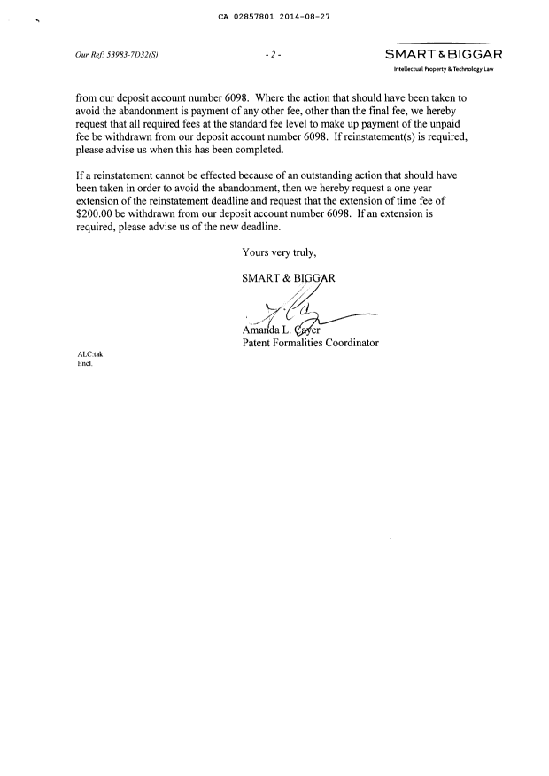 Document de brevet canadien 2857801. Correspondance 20131227. Image 2 de 3