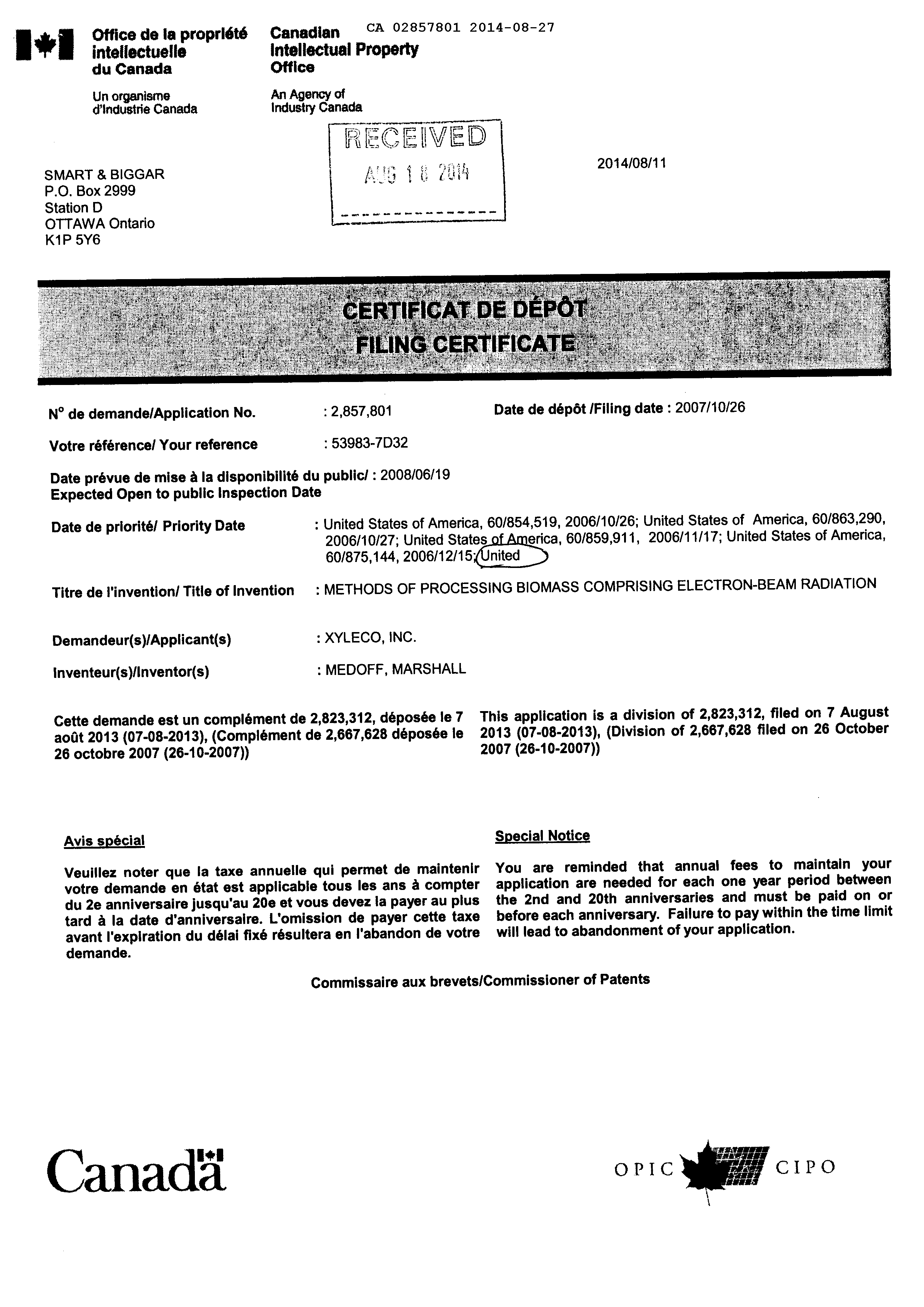 Document de brevet canadien 2857801. Correspondance 20131227. Image 3 de 3