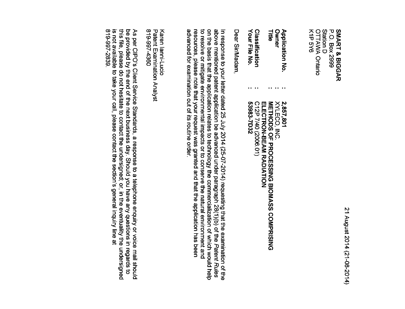 Document de brevet canadien 2857801. Poursuite-Amendment 20140821. Image 1 de 1