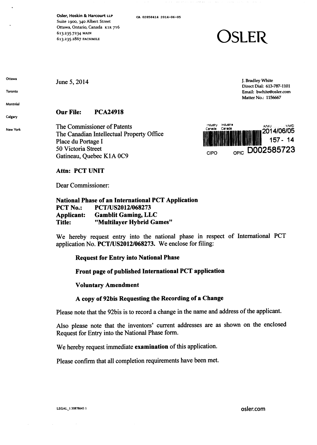 Document de brevet canadien 2858414. Cession 20140605. Image 1 de 9