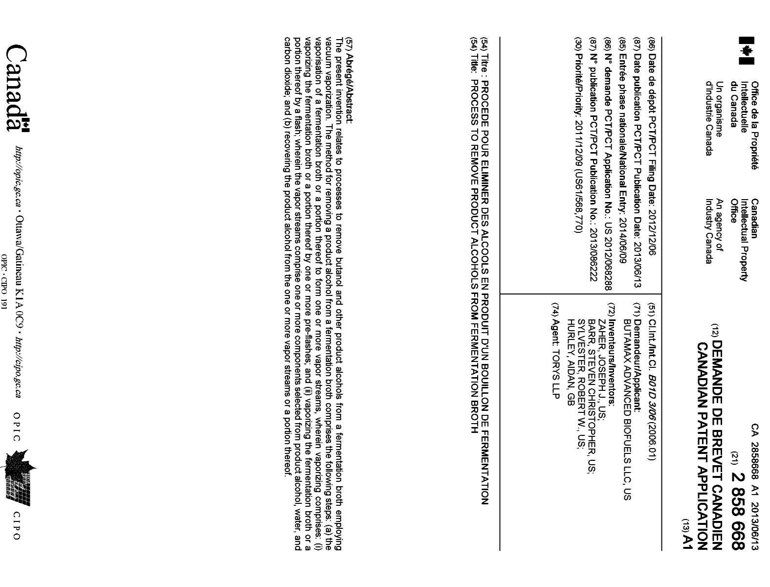 Canadian Patent Document 2858668. Cover Page 20140829. Image 1 of 1