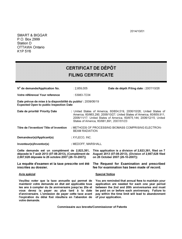 Document de brevet canadien 2859005. Correspondance 20141001. Image 1 de 1