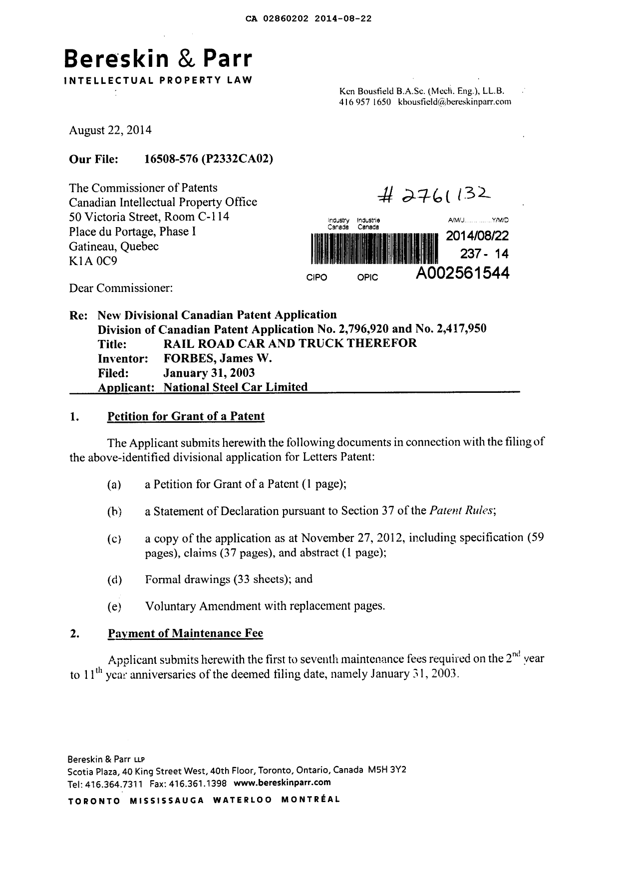 Document de brevet canadien 2860202. Cession 20140822. Image 1 de 4