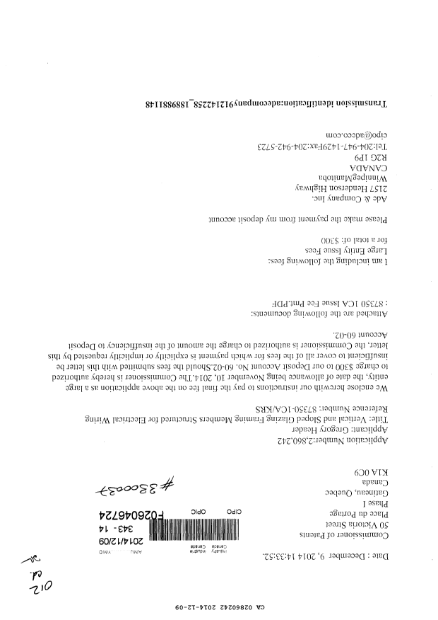 Canadian Patent Document 2860242. Correspondence 20131209. Image 1 of 2