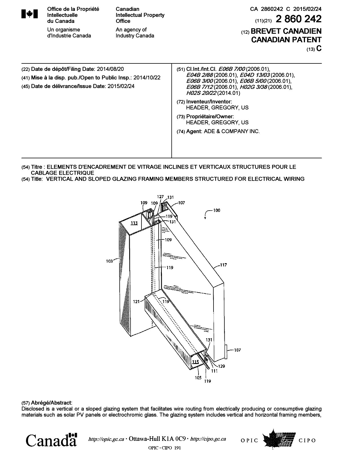 Document de brevet canadien 2860242. Page couverture 20141205. Image 1 de 2