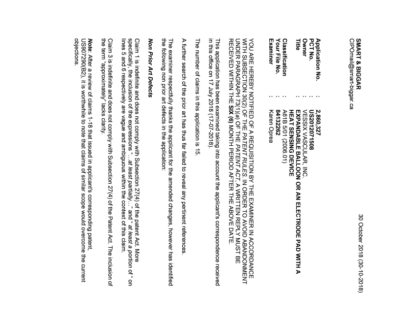 Document de brevet canadien 2860327. Demande d'examen 20181030. Image 1 de 3